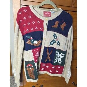 Vintage Northcrest Christmas Sweater Cardigan Size Large Cabin Holiday Snow Tan